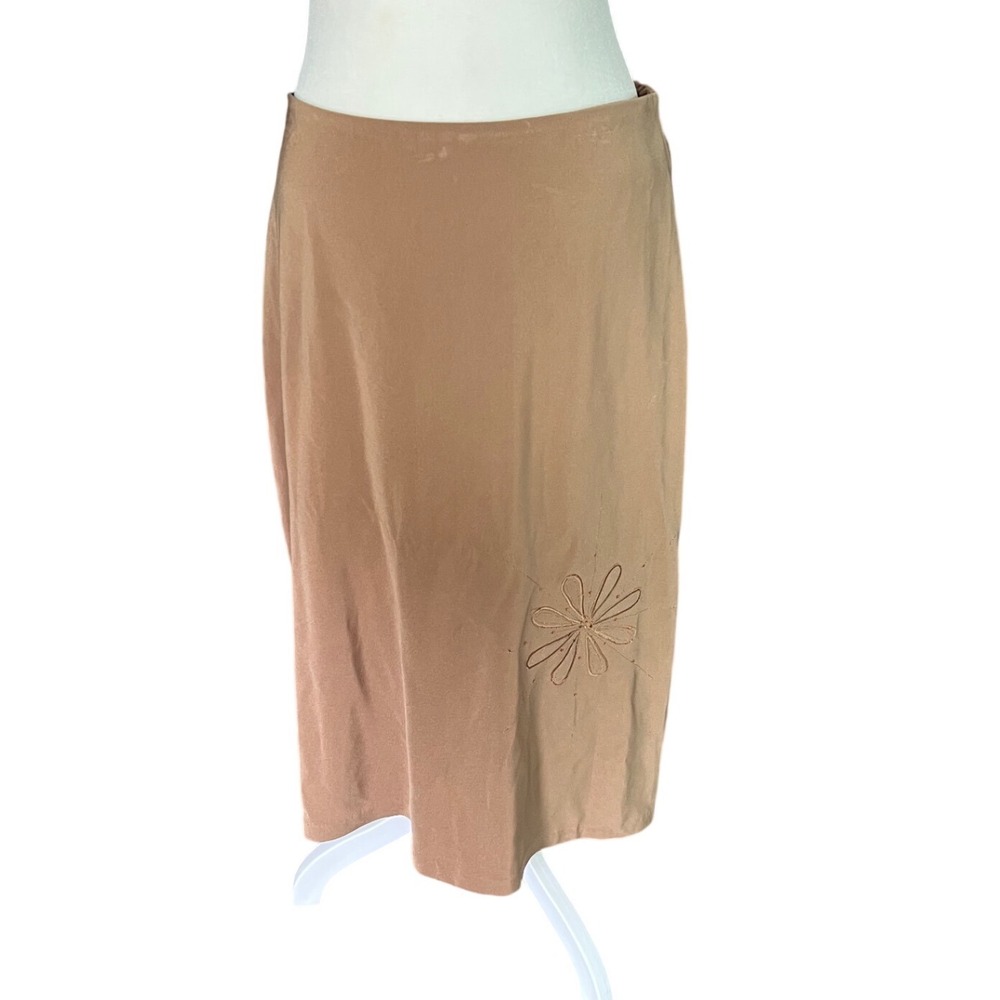 Mattina T. Tan Embroidered Flower Midi Skirt Womens Size 14 High Waist Pencil